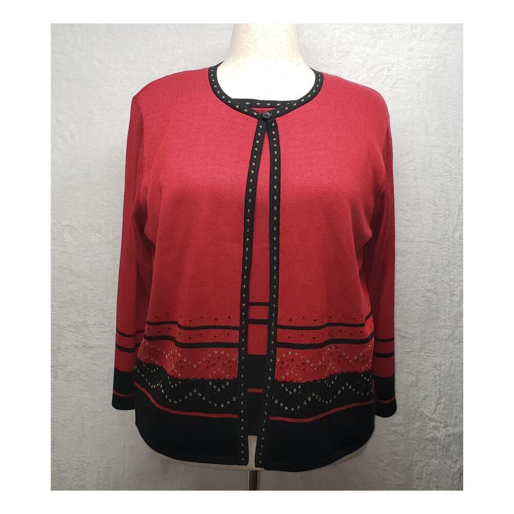 Vintage Alfred Dunner Red Metallic Knit Sweater L USA Made